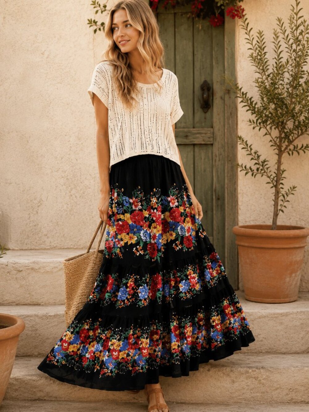 NWT Natural Life Irina Maxi Skirt Painted Garden Red Roses Boho Tiered Floral M